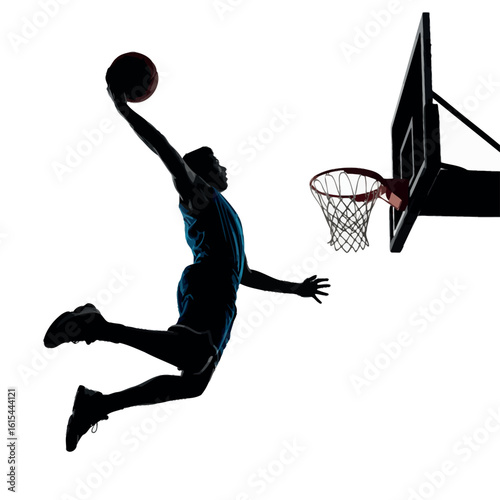 Silhouette of a basketball player performing a powerful slam dunk against a white background