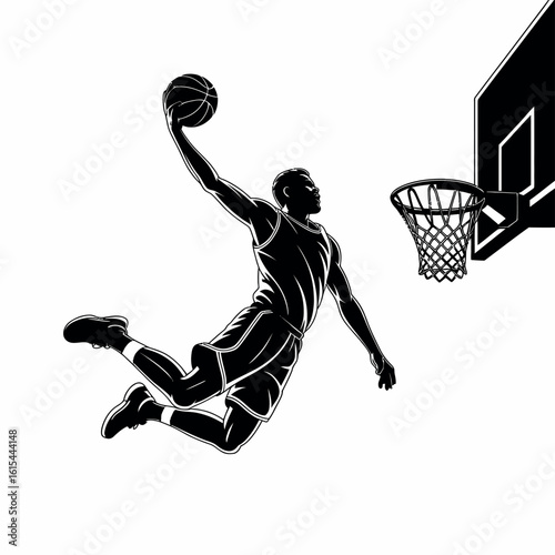 Dynamic silhouette of a basketball player dunking with a textured sketch style