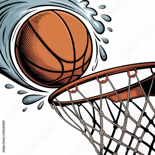 Basketball soaring through water splash towards hoop