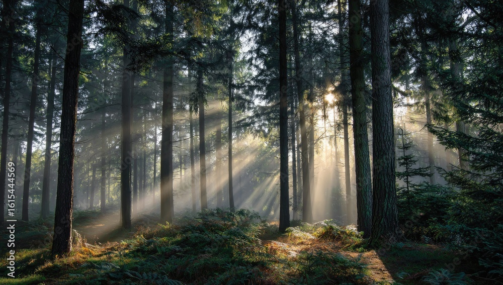 Fototapeta premium Sunbeams pierce a misty forest