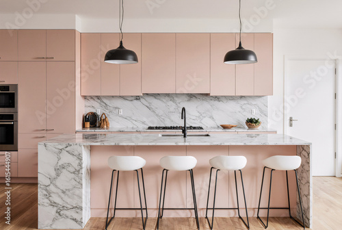 A comfortable open kitchen of soft colour