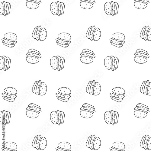 A colorful hand-drawn doodle illustration of a hamburger, featuring a sesame seed bun, beef patty, lettuce, and melted cheese. outlines and playful style make it perfect for fast food branding