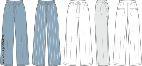 Wide leg pants CAD drawing, fashion flat sketch vector, drawstring and elastic waist design, multiple views, casual wear template