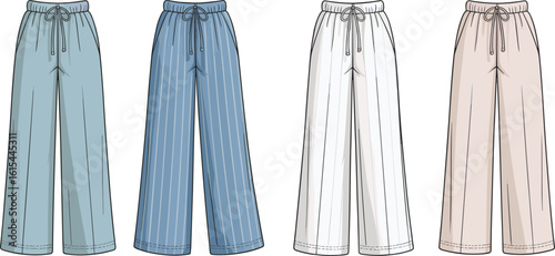 Wide leg pants CAD drawing, fashion flat sketch vector, drawstring waist trousers design, four color variations, casual wear template