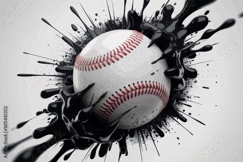 Baseball exploding with black ink splash on white background