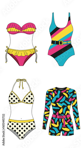Retro vintage inspired swimwear collection featuring colorful patterns and stylish designs perfect for summer beach vacations