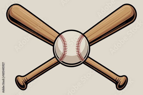 Two wooden baseball bats crossed behind a baseball