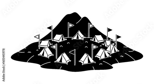 A camping site with tents and flags is located on a hill, with a mountain in the background.