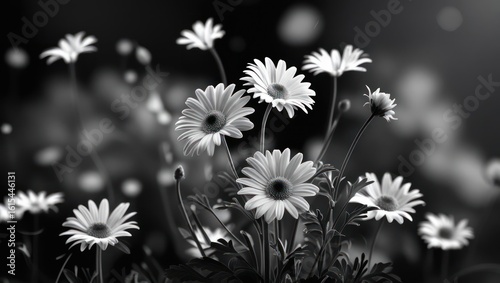 Black and white daisy flowers in soft focus.