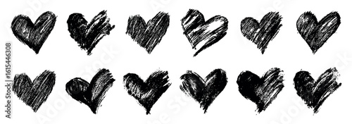 Vector set of hearts with stroke marker png. Set of hand drawn hearts with black rough marker, pencil, chalk, etc. Vector illustration for your graphic design.