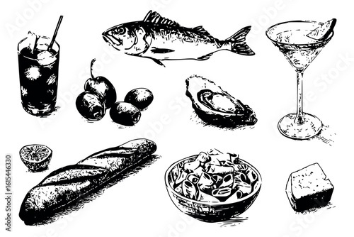 Set of sketches of Mediterranean cuisine elements. Ink sketch of fish, martini glass, olives, baguette and cocktail glasses with people. Vector illustration.
