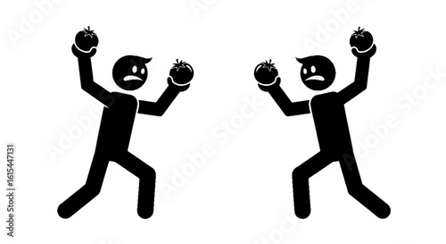 Pictogram of two angry stick figures preparing to throw tomatoes in a fight.