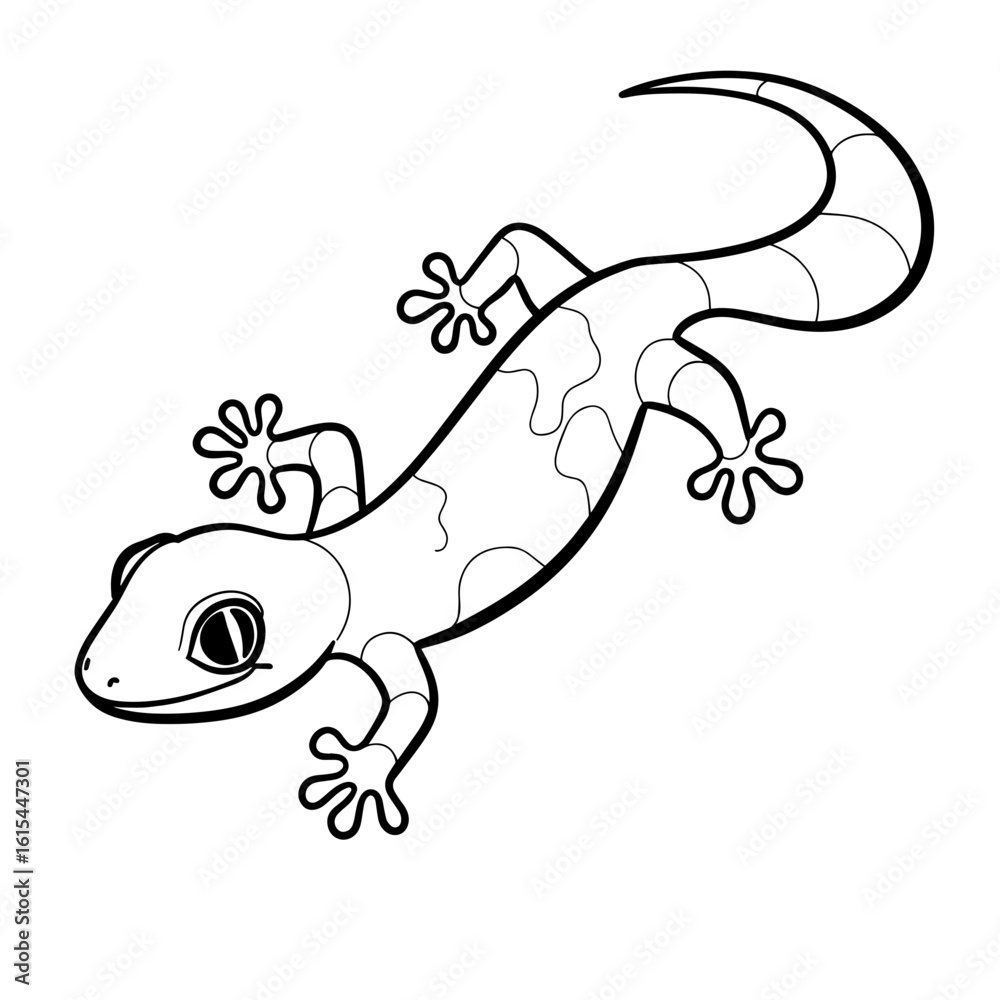 Fototapeta premium Black and white outline of a gecko lizard climbing on surface 