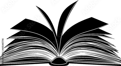 Stylized black and white graphic of an open book with fanned out pages turning.