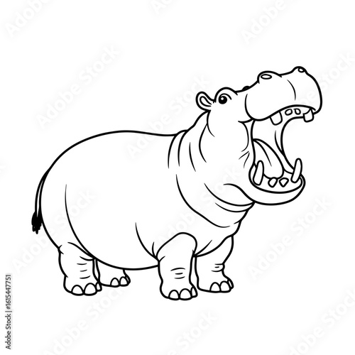 Cartoon hippo with open mouth in black and white outline style  