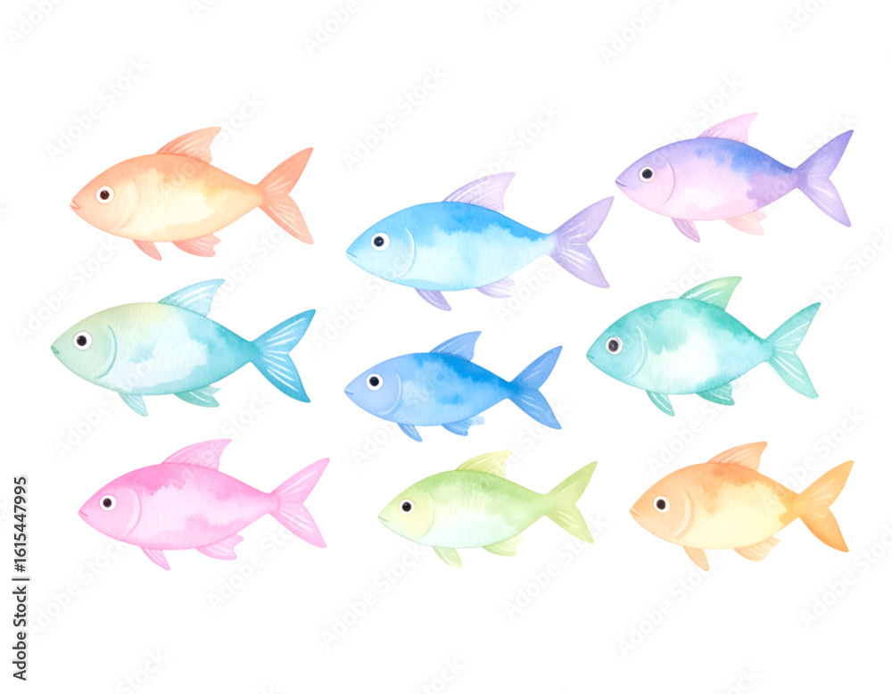 Naklejka premium Colorful Underwater Watercolor Art: A captivating composition showcasing a diverse array of vibrantly colored fish.