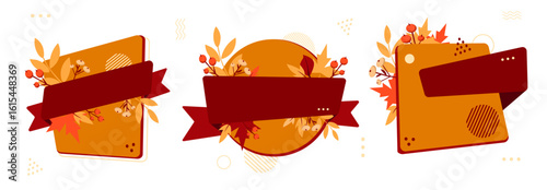 Autumn Sale Labels set with Ribbons and Leaves.Abstract autumn labels with red ribbons, fall leaves, berries, and geometric shapes, for seasonal promotions, Thanksgiving sales, greeting cards. Vector