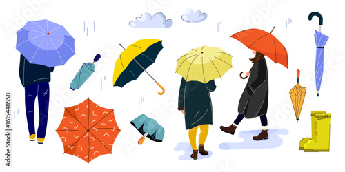 Rainy Day Clipart with Walking Figures and Umbrellas vector illustration set. People walking with umbrellas in rainy weather Modern style set for weather apps, seasonal promotions, childrens products