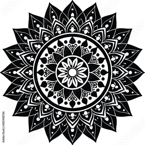 Seamless black floral lace round ornament vector design with an ethnic mandala pattern, background, handcrafted, exotic, flourish