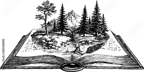 Vintage engraved illustration of adventurer's sketchbook with forest and mountains