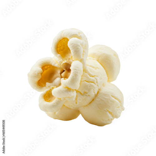 Single popcorn kernel popped, white backdrop