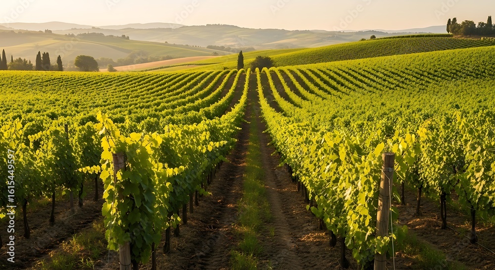 Fototapeta premium Golden Vineyard at Sunset – Tranquil Agricultural Landscape with Rolling Hills and Cypress Trees