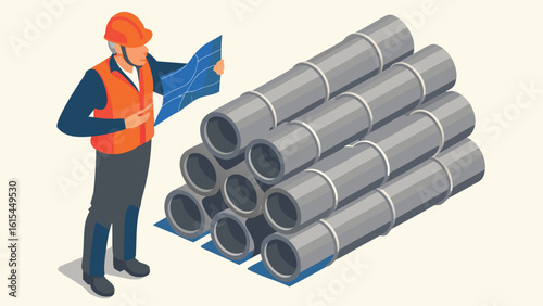 Construction worker with hardhat inspecting blueprint next to stack of gray pipes on a light background