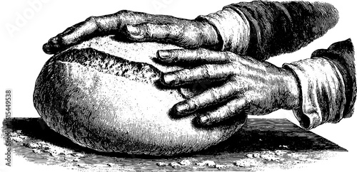 Vintage engraving of baker's hands shaping dough – perfect for culinary art design