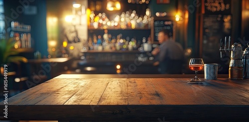 Empty wooden table top with a blurred background of a restaurant or bar interior, decorated with vintage hanging light bulbs and people having fun at night time