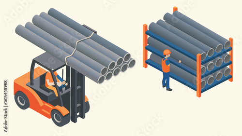 Isometric view of forklift carrying pipes and worker near pipe rack in a storage environment area