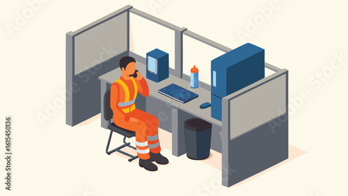 Illustration of a worker in orange overalls talking on the phone in a cubicle with computer and water bottle