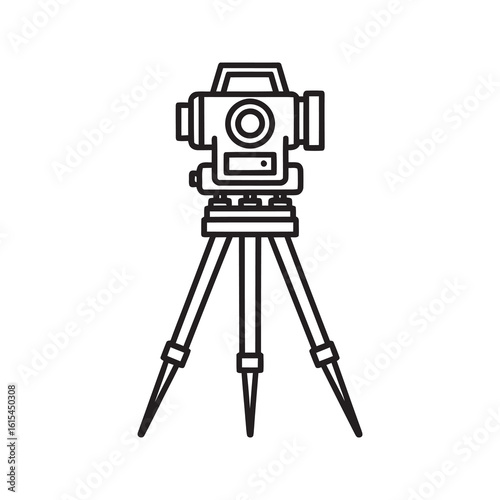Theodolite icon for land surveying and construction engineering representing geodesic measurement and cartography on a tripod instrument line vector stroke