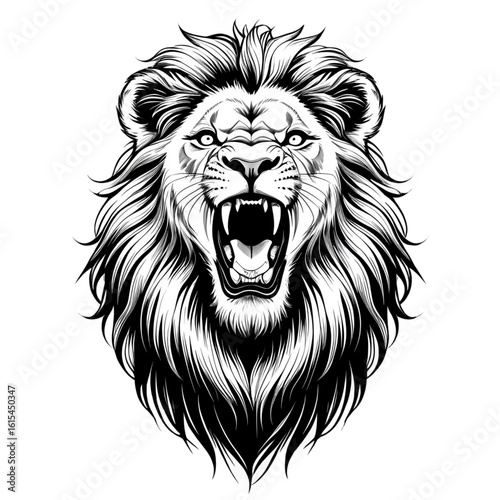 Roaring Lion Head in Black and White Line Art – Vector Illustration