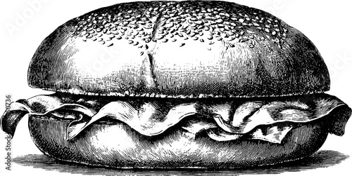 Engraved illustration of brioche bun with golden crust for culinary design