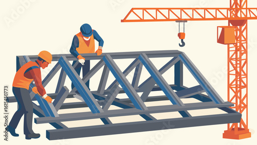 Two construction workers assembling a metal structure with a crane in the background on a construction site