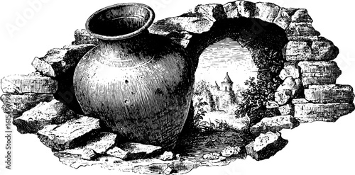 Ancient ruins with broken amphora engraved illustration - vintage sketch for design