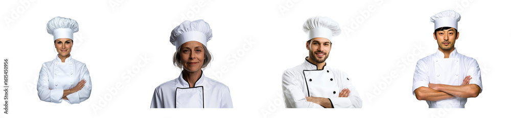 Group of professional chefs wearing white uniforms and hats Group of professional chefs wearing white uniforms and hats