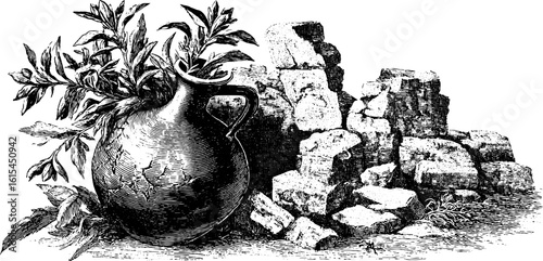 Vintage engraved illustration of broken amphora amidst ancient ruins