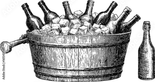 Engraved vintage illustration of ice bucket with bottles for beverage themed designs