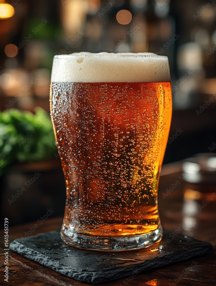 A perfect pint of amber ale with a thick, frothy head sits in a condensation-covered glass on a dark coaster. The refreshing beverage is captured in a cozy, low-lit pub setting A perfect pint of amber ale with a thick, frothy head sits in a condensation-covered glass on a dark coaster. The refreshing beverage is captured in a cozy, low-lit pub setting