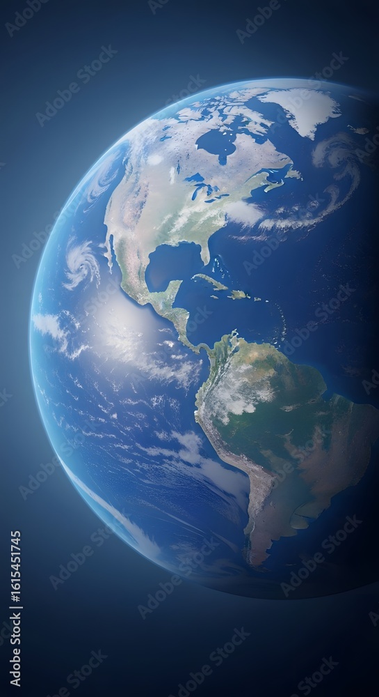 Obraz premium A realistic view of planet Earth from space, showcasing the American continents under a clear sky with visible atmospheric glow.