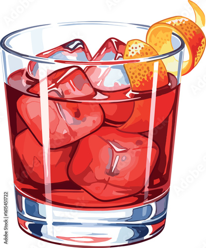 Watercolor illustration of a classic Negroni cocktail with orange garnish
