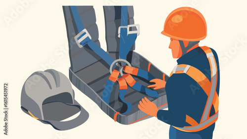 A worker in safety gear checking a safety harness in a seat next to a helmet on a light background