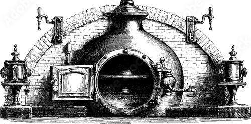 Engraved illustration of vintage circular furnace door for design and decor