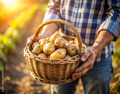 Farmer Holding Basket of Fresh Potatoes