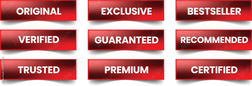 Fototapeta premium Red Glossy Labels with White Text for Product Assurance and Promotion