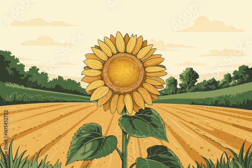 Bright Sunflower Bloom in a Field of Gold Rural Landscape Graphic Illustration Summer Season