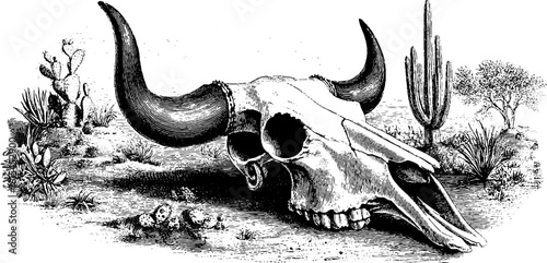 Vintage engraving of cow skull in desert scene for retro design