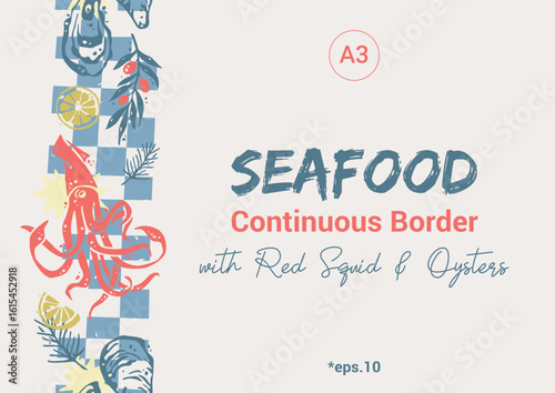 Seafood Continuous Border with Red Squid and Oysters. Trendy Mediterranean Vertical Seamless Pattern