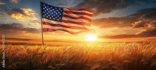 The American flag, in full color and with the sun shining brightly behind it, is set against an idyllic countryside landscape of rolling hills covered in golden wheat fields under a dramatic sky.
